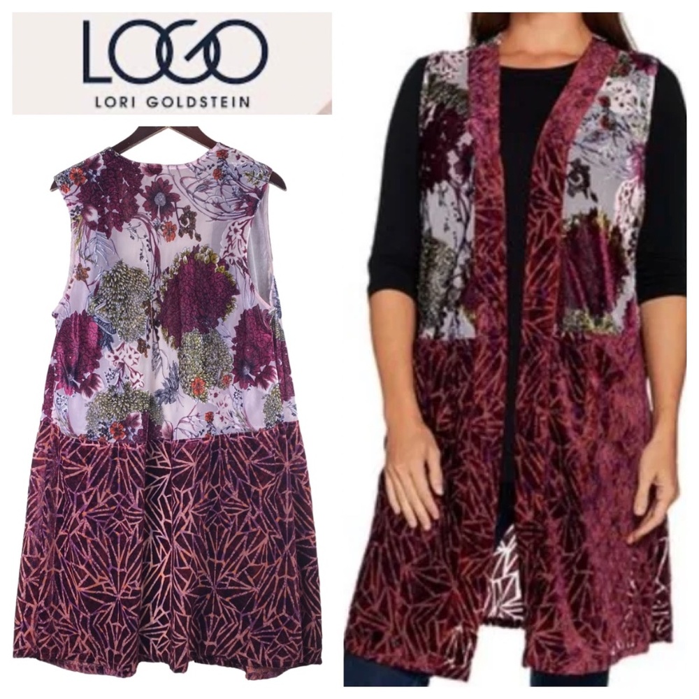 Logo Lavish Lori Goldstein Open Vest Kimono Medium Burnout Velvet Burgundy